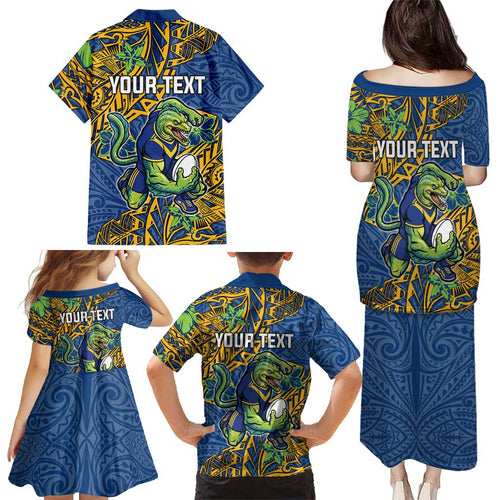 Personalised Parramatta Eels Family Matching Puletasi and Hawaiian Shirt Polynesian Tribal Pattern With Rugby Eel Mascot Art