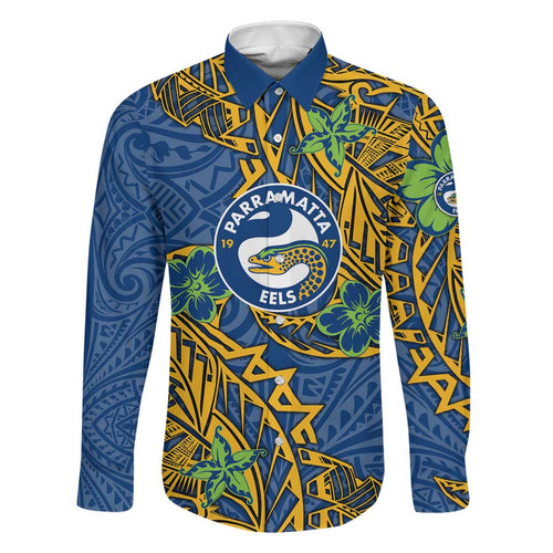 Personalised Parramatta Eels Family Matching Puletasi and Hawaiian Shirt Polynesian Tribal Pattern With Rugby Eel Mascot Art