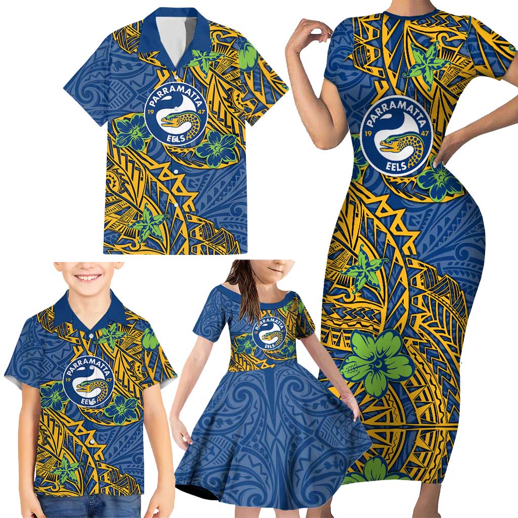 Personalised Parramatta Eels Family Matching Short Sleeve Bodycon Dress and Hawaiian Shirt Polynesian Tribal Pattern With Rugby Eel Mascot Art