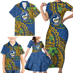 Personalised Parramatta Eels Family Matching Short Sleeve Bodycon Dress and Hawaiian Shirt Polynesian Tribal Pattern With Rugby Eel Mascot Art