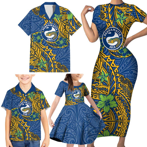 Personalised Parramatta Eels Family Matching Short Sleeve Bodycon Dress and Hawaiian Shirt Polynesian Tribal Pattern With Rugby Eel Mascot Art