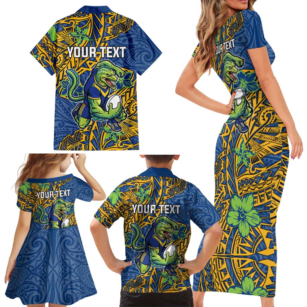 Personalised Parramatta Eels Family Matching Short Sleeve Bodycon Dress and Hawaiian Shirt Polynesian Tribal Pattern With Rugby Eel Mascot Art