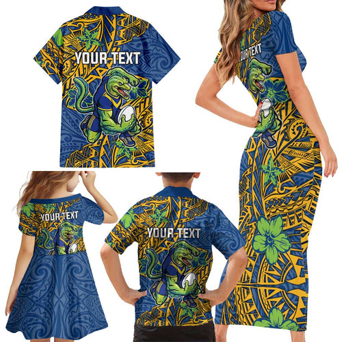 Personalised Parramatta Eels Family Matching Short Sleeve Bodycon Dress and Hawaiian Shirt Polynesian Tribal Pattern With Rugby Eel Mascot Art