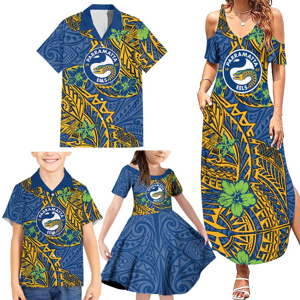 Personalised Parramatta Eels Family Matching Summer Maxi Dress and Hawaiian Shirt Polynesian Tribal Pattern With Rugby Eel Mascot Art