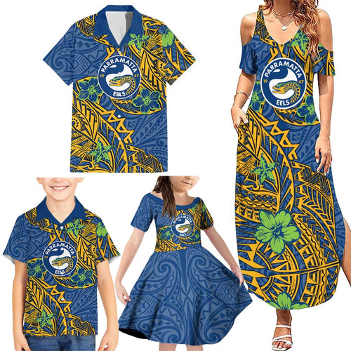 Personalised Parramatta Eels Family Matching Summer Maxi Dress and Hawaiian Shirt Polynesian Tribal Pattern With Rugby Eel Mascot Art
