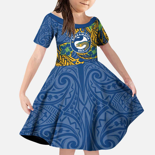 Personalised Parramatta Eels Family Matching Summer Maxi Dress and Hawaiian Shirt Polynesian Tribal Pattern With Rugby Eel Mascot Art