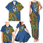 Personalised Parramatta Eels Family Matching Tank Maxi Dress and Hawaiian Shirt Polynesian Tribal Pattern With Rugby Eel Mascot Art