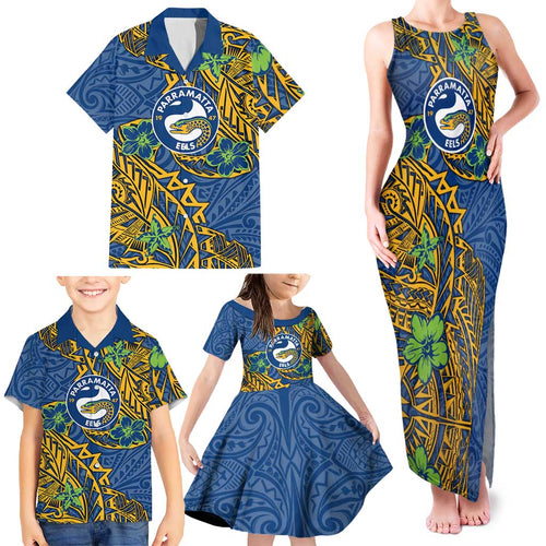 Personalised Parramatta Eels Family Matching Tank Maxi Dress and Hawaiian Shirt Polynesian Tribal Pattern With Rugby Eel Mascot Art