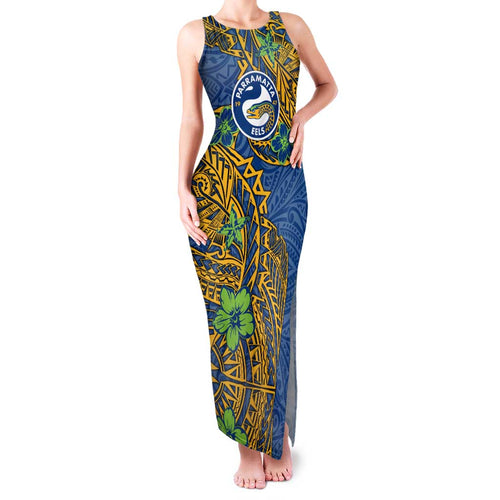 Personalised Parramatta Eels Family Matching Tank Maxi Dress and Hawaiian Shirt Polynesian Tribal Pattern With Rugby Eel Mascot Art