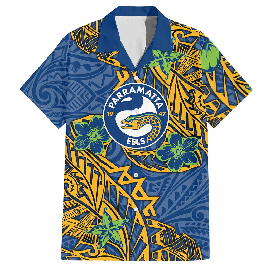 Personalised Parramatta Eels Hawaiian Shirt Polynesian Tribal Pattern With Rugby Eel Mascot Art