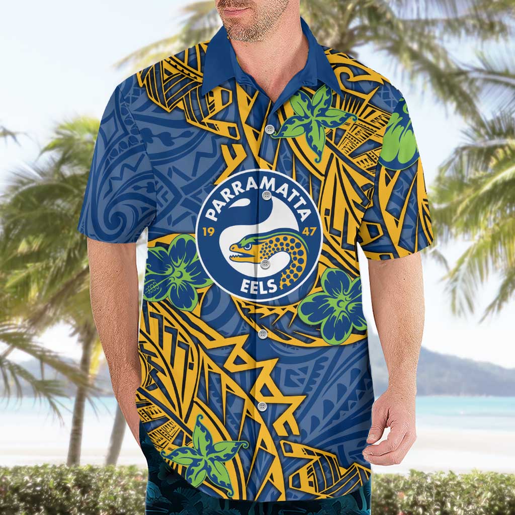 Personalised Parramatta Eels Hawaiian Shirt Polynesian Tribal Pattern With Rugby Eel Mascot Art
