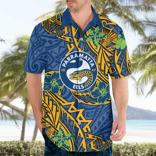 Personalised Parramatta Eels Hawaiian Shirt Polynesian Tribal Pattern With Rugby Eel Mascot Art