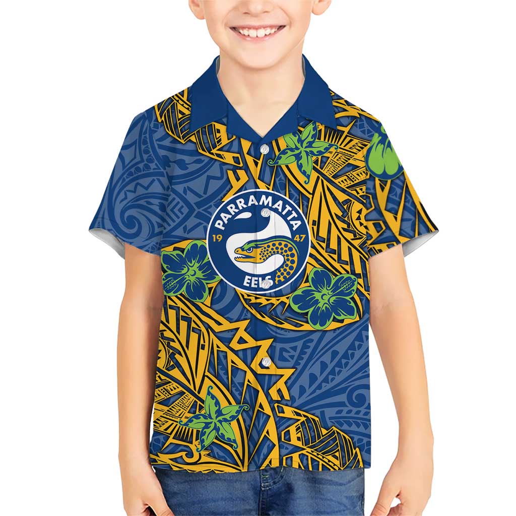 Personalised Parramatta Eels Hawaiian Shirt Polynesian Tribal Pattern With Rugby Eel Mascot Art