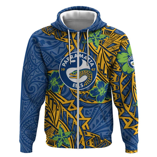 Personalised Parramatta Eels Hoodie Polynesian Tribal Pattern With Rugby Eel Mascot Art