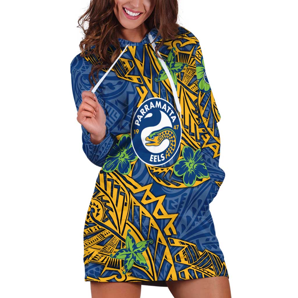 Personalised Parramatta Eels Hoodie Dress Polynesian Tribal Pattern With Rugby Eel Mascot Art