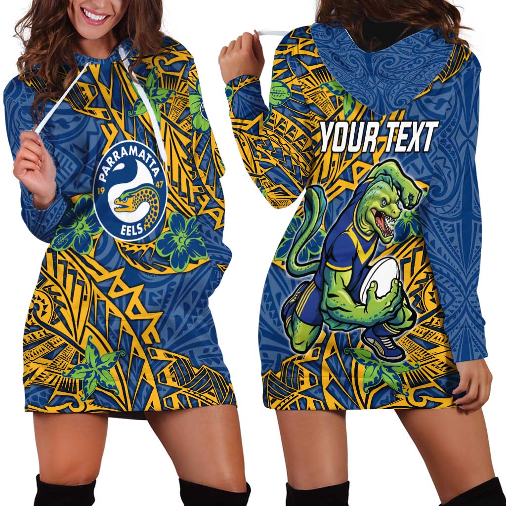 Personalised Parramatta Eels Hoodie Dress Polynesian Tribal Pattern With Rugby Eel Mascot Art