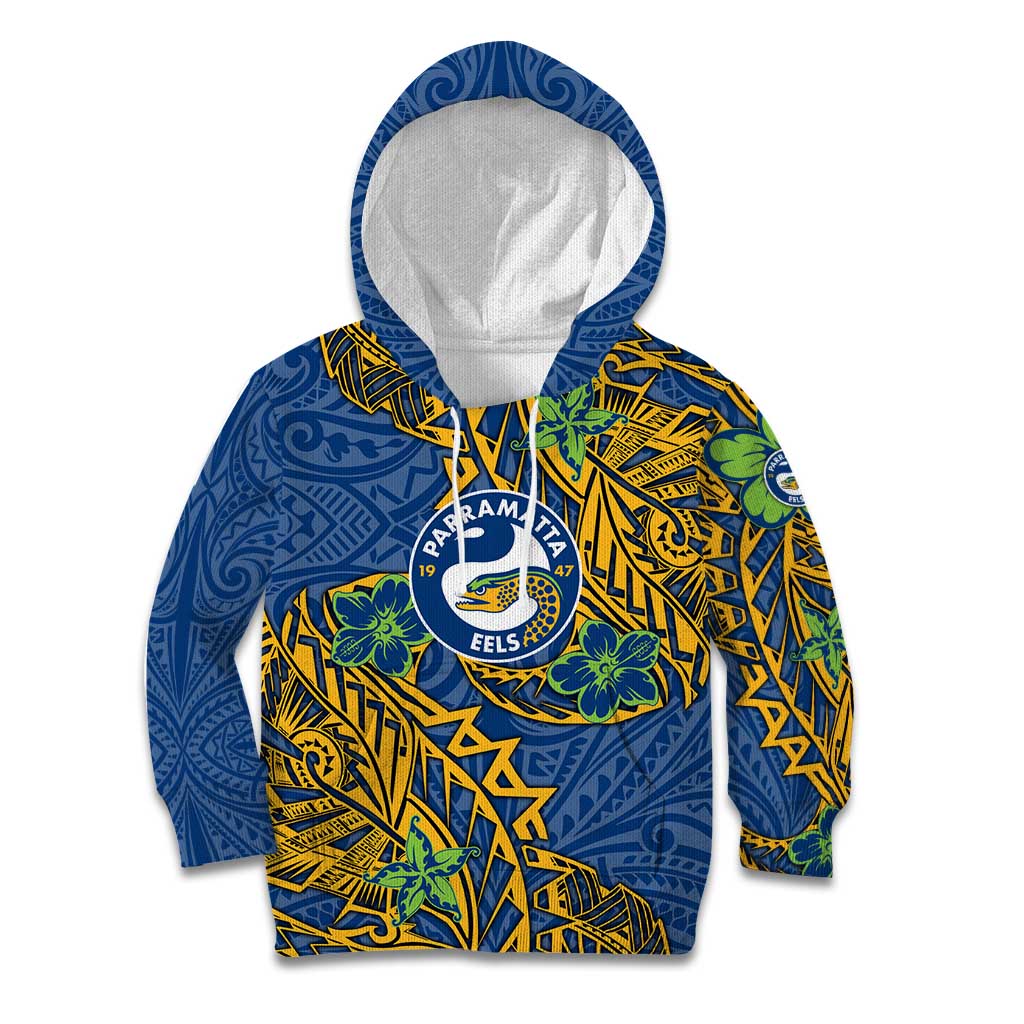 Personalised Parramatta Eels Kid Hoodie Polynesian Tribal Pattern With Rugby Eel Mascot Art