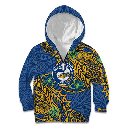 Personalised Parramatta Eels Kid Hoodie Polynesian Tribal Pattern With Rugby Eel Mascot Art