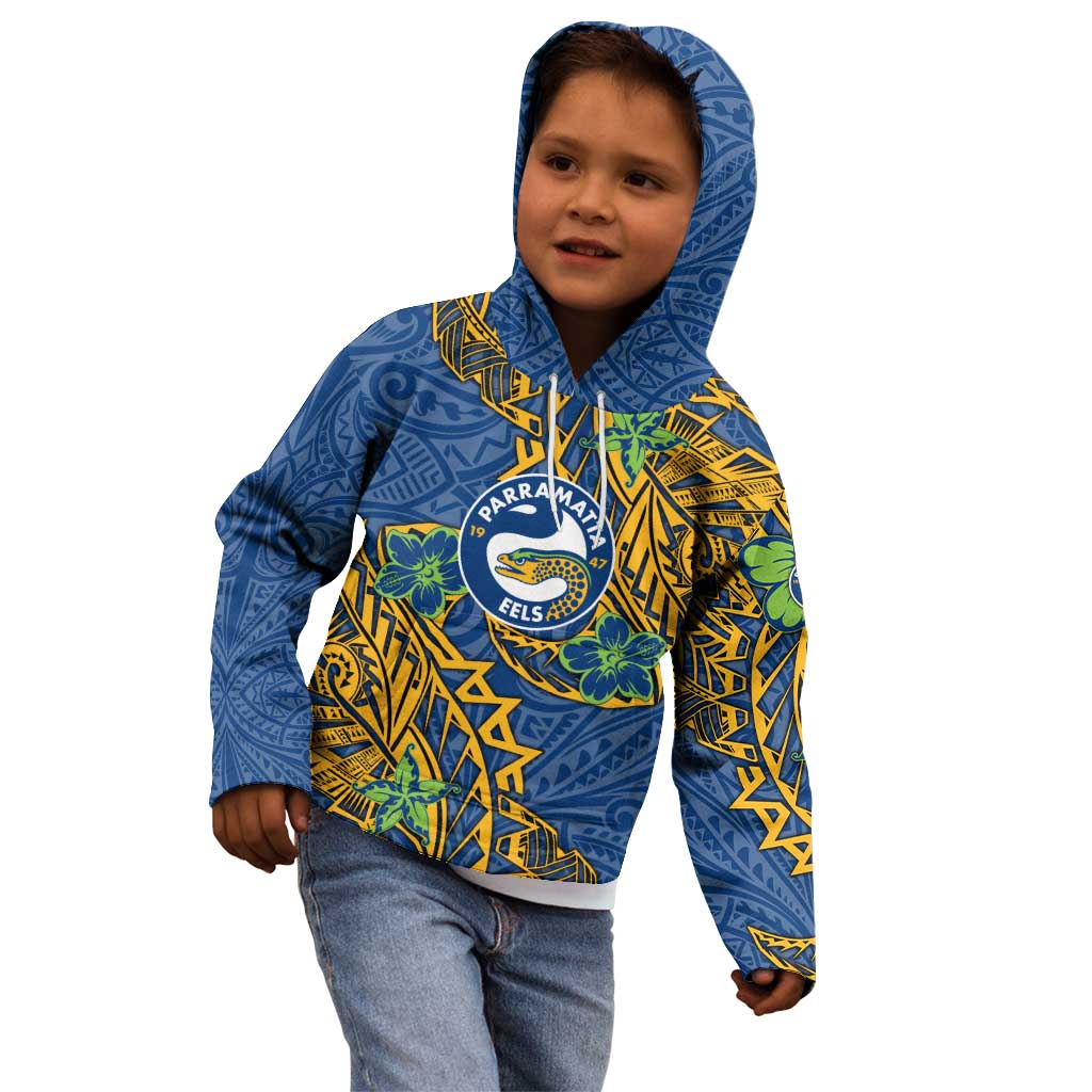 Personalised Parramatta Eels Kid Hoodie Polynesian Tribal Pattern With Rugby Eel Mascot Art
