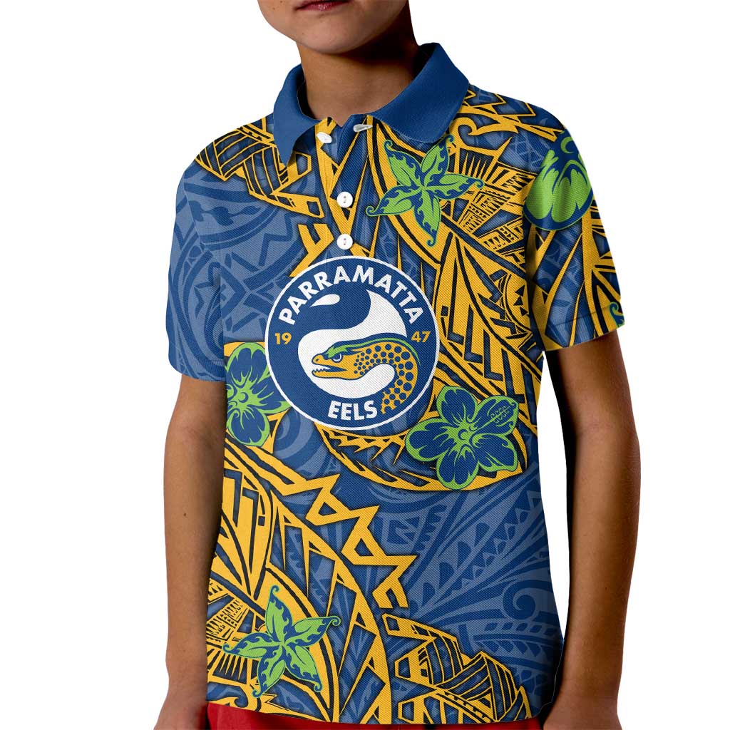 Personalised Parramatta Eels Kid Polo Shirt Polynesian Tribal Pattern With Rugby Eel Mascot Art