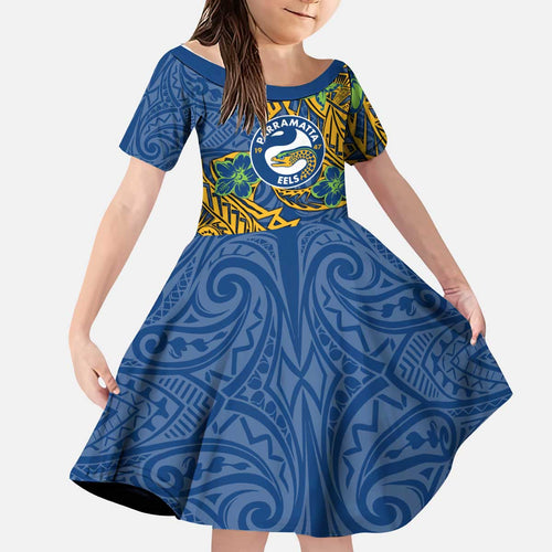 Personalised Parramatta Eels Kid Short Sleeve Dress Polynesian Tribal Pattern With Rugby Eel Mascot Art
