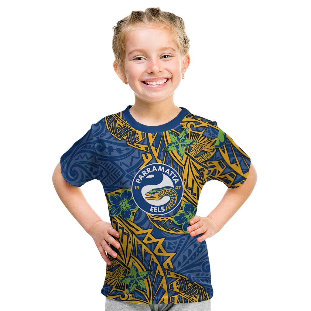 Personalised Parramatta Eels Kid T Shirt Polynesian Tribal Pattern With Rugby Eel Mascot Art