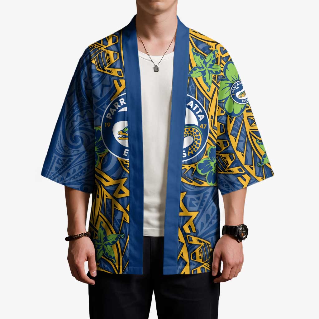 Personalised Parramatta Eels Kimono Polynesian Tribal Pattern With Rugby Eel Mascot Art