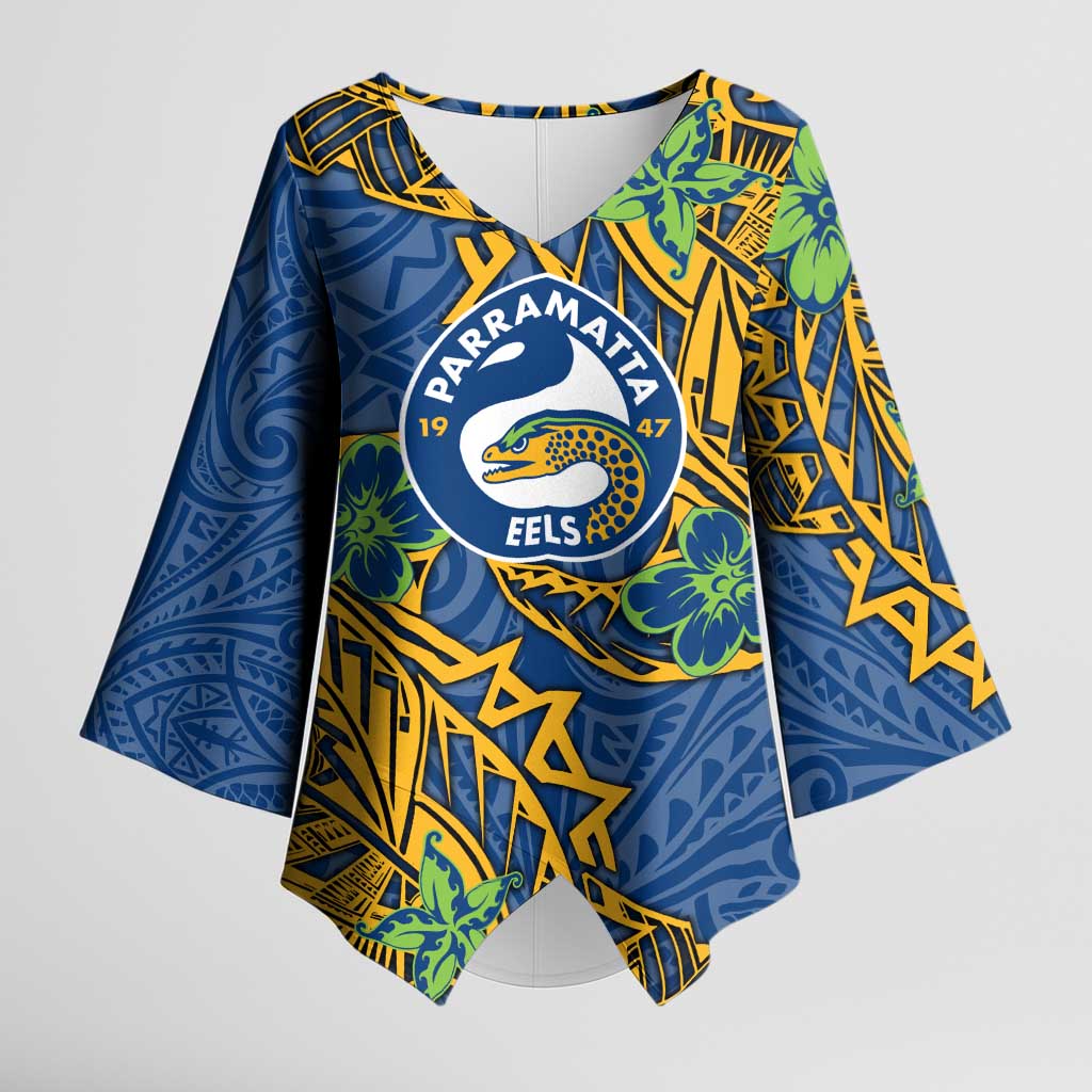 Personalised Parramatta Eels Kimono Sleeve Blouse Polynesian Tribal Pattern With Rugby Eel Mascot Art