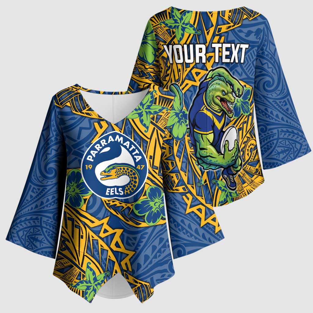 Personalised Parramatta Eels Kimono Sleeve Blouse Polynesian Tribal Pattern With Rugby Eel Mascot Art