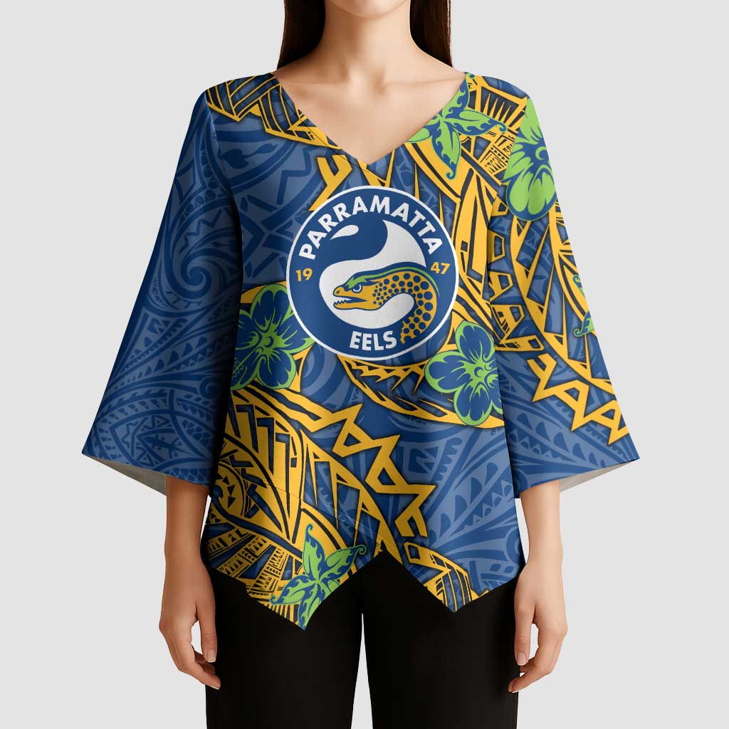 Personalised Parramatta Eels Kimono Sleeve Blouse Polynesian Tribal Pattern With Rugby Eel Mascot Art