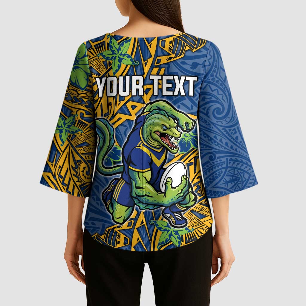 Personalised Parramatta Eels Kimono Sleeve Blouse Polynesian Tribal Pattern With Rugby Eel Mascot Art