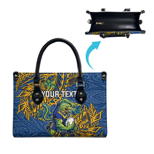 Personalised Parramatta Eels Leather Bag Polynesian Tribal Pattern With Rugby Eel Mascot Art