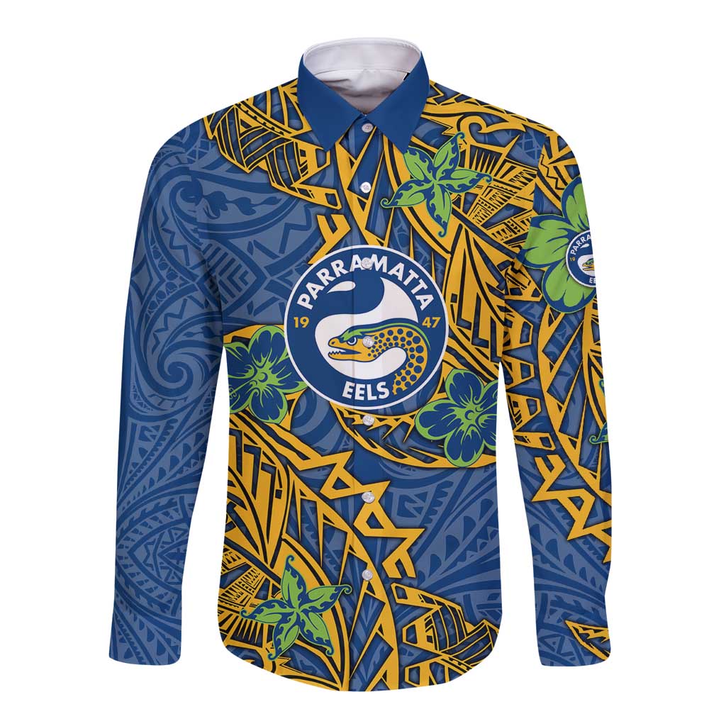 Personalised Parramatta Eels Long Sleeve Button Shirt Polynesian Tribal Pattern With Rugby Eel Mascot Art