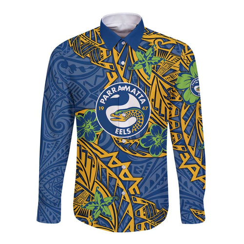 Personalised Parramatta Eels Long Sleeve Button Shirt Polynesian Tribal Pattern With Rugby Eel Mascot Art