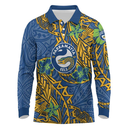 Personalised Parramatta Eels Long Sleeve Polo Shirt Polynesian Tribal Pattern With Rugby Eel Mascot Art