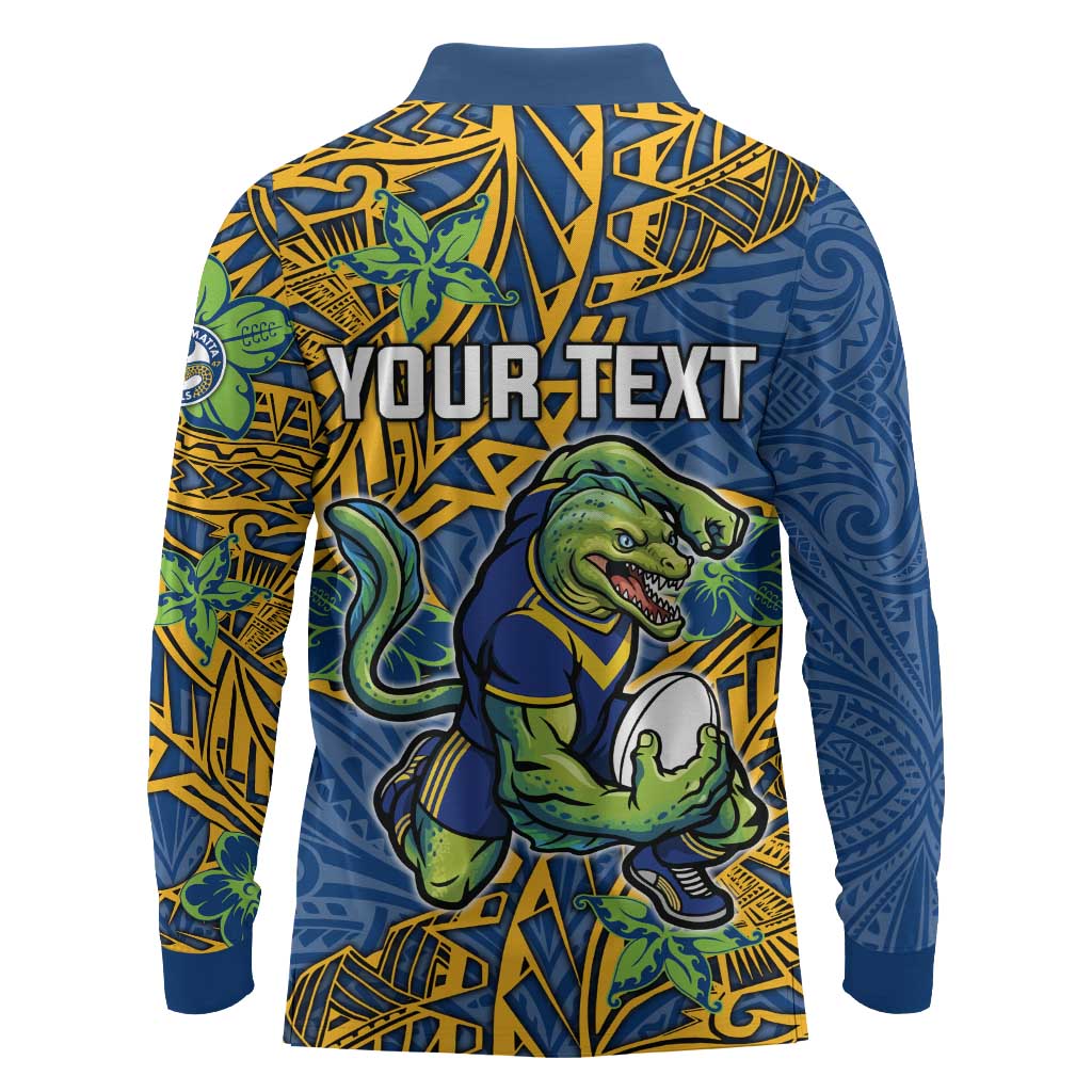 Personalised Parramatta Eels Long Sleeve Polo Shirt Polynesian Tribal Pattern With Rugby Eel Mascot Art