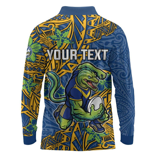 Personalised Parramatta Eels Long Sleeve Polo Shirt Polynesian Tribal Pattern With Rugby Eel Mascot Art