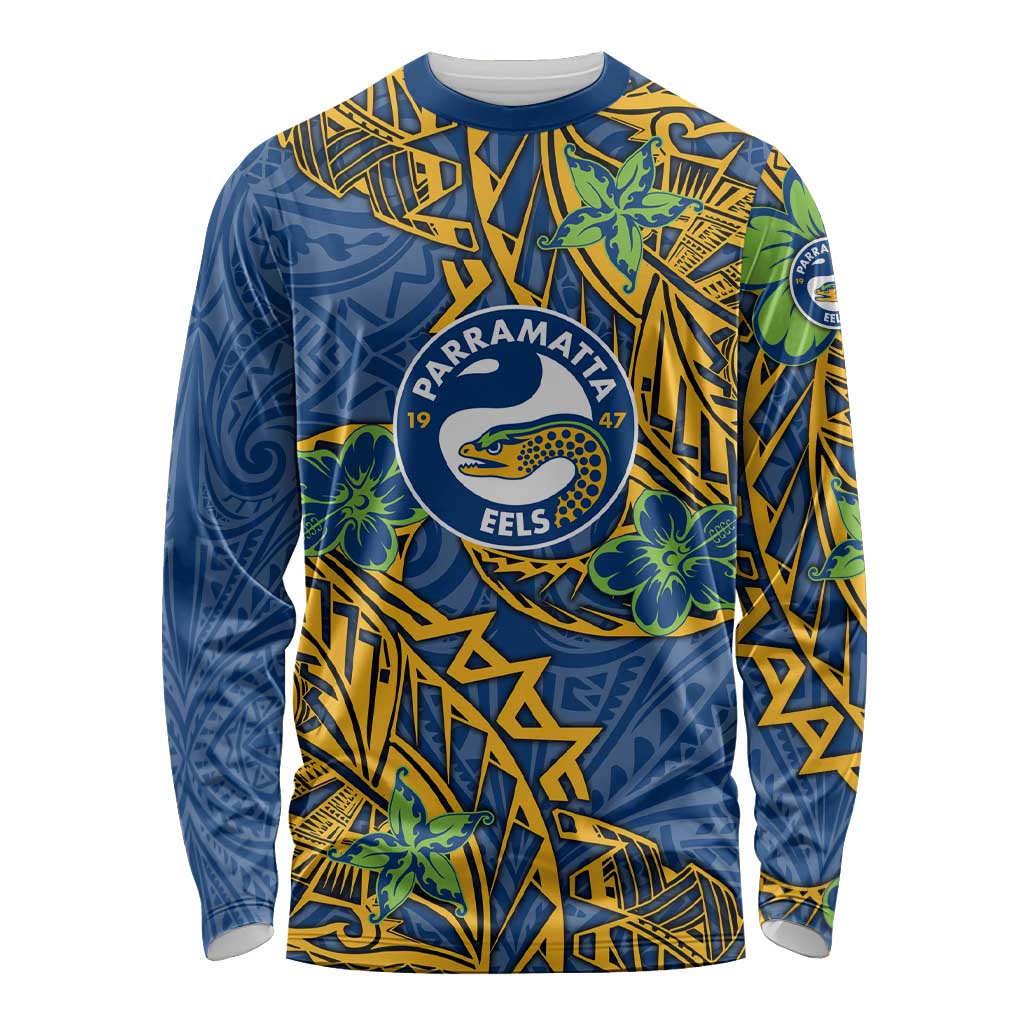 Personalised Parramatta Eels Long Sleeve Shirt Polynesian Tribal Pattern With Rugby Eel Mascot Art