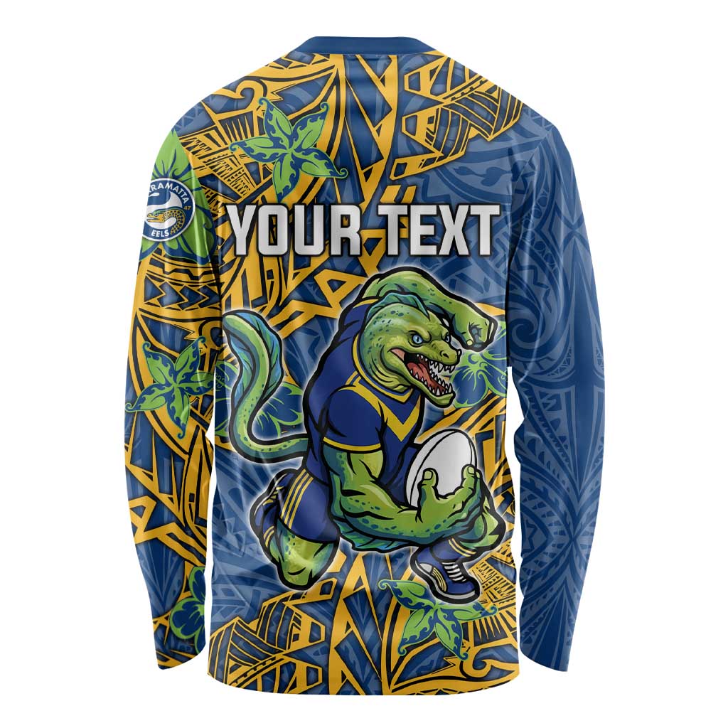 Personalised Parramatta Eels Long Sleeve Shirt Polynesian Tribal Pattern With Rugby Eel Mascot Art