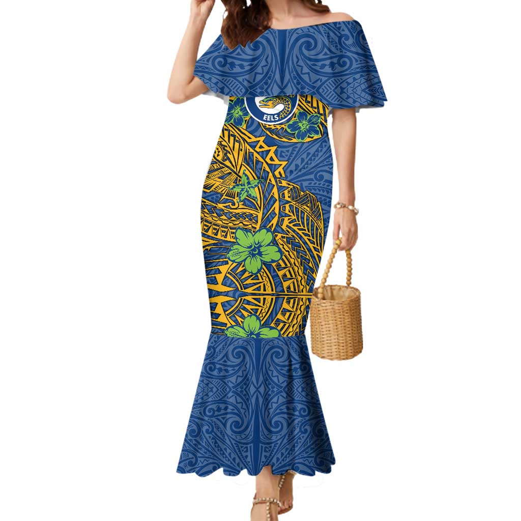 Personalised Parramatta Eels Mermaid Dress Polynesian Tribal Pattern With Rugby Eel Mascot Art