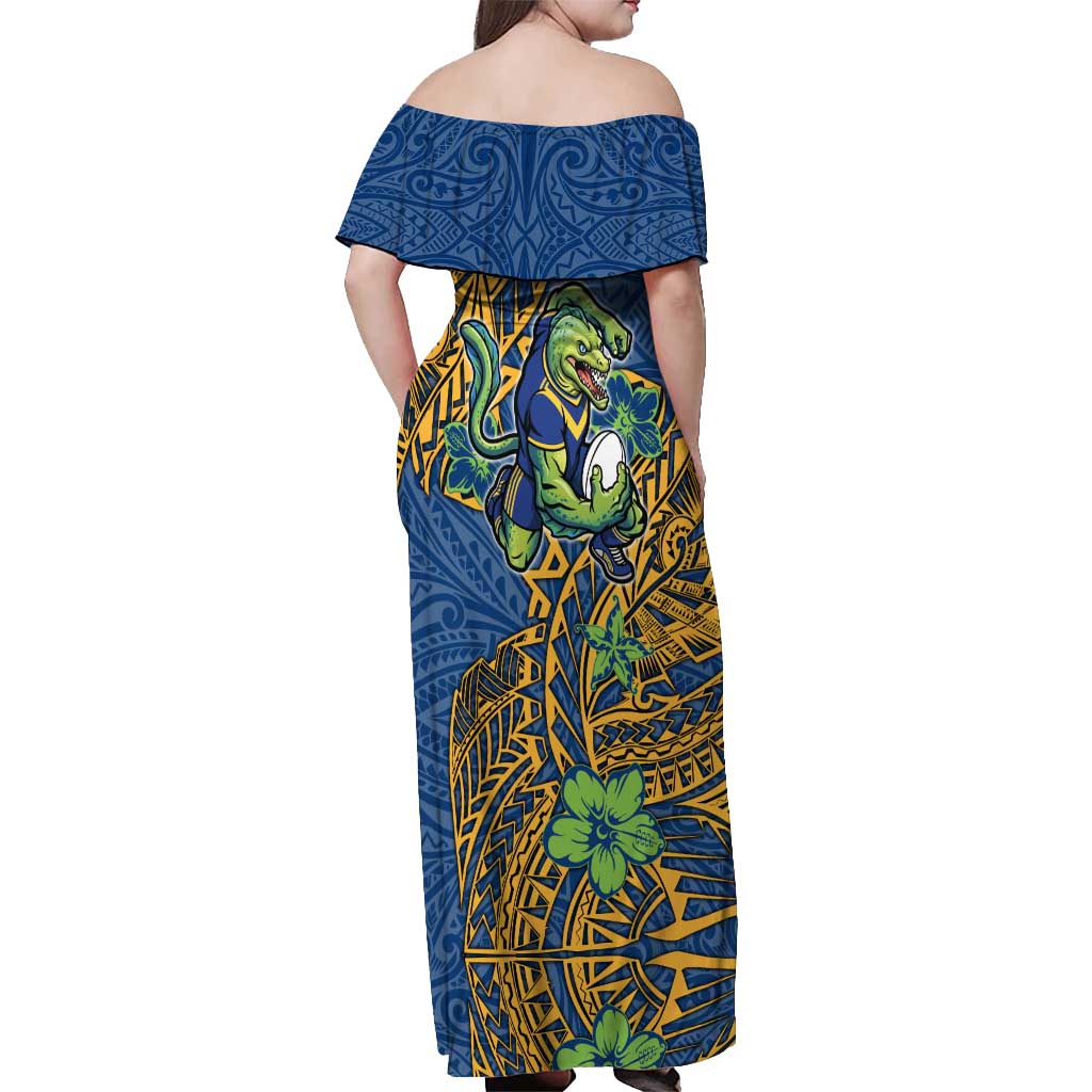 Personalised Parramatta Eels Off Shoulder Maxi Dress Polynesian Tribal Pattern With Rugby Eel Mascot Art