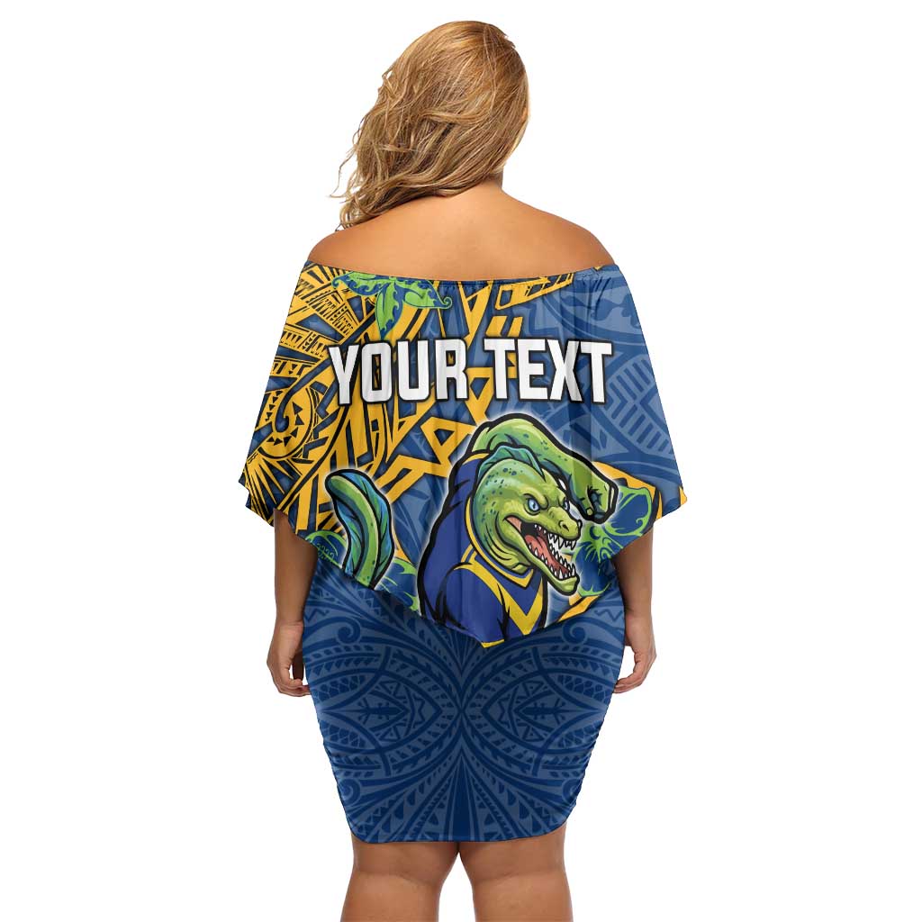 Personalised Parramatta Eels Off Shoulder Short Dress Polynesian Tribal Pattern With Rugby Eel Mascot Art