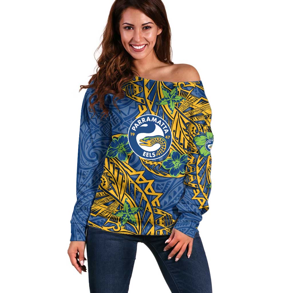 Personalised Parramatta Eels Off Shoulder Sweater Polynesian Tribal Pattern With Rugby Eel Mascot Art