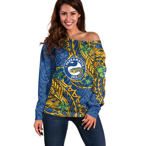 Personalised Parramatta Eels Off Shoulder Sweater Polynesian Tribal Pattern With Rugby Eel Mascot Art