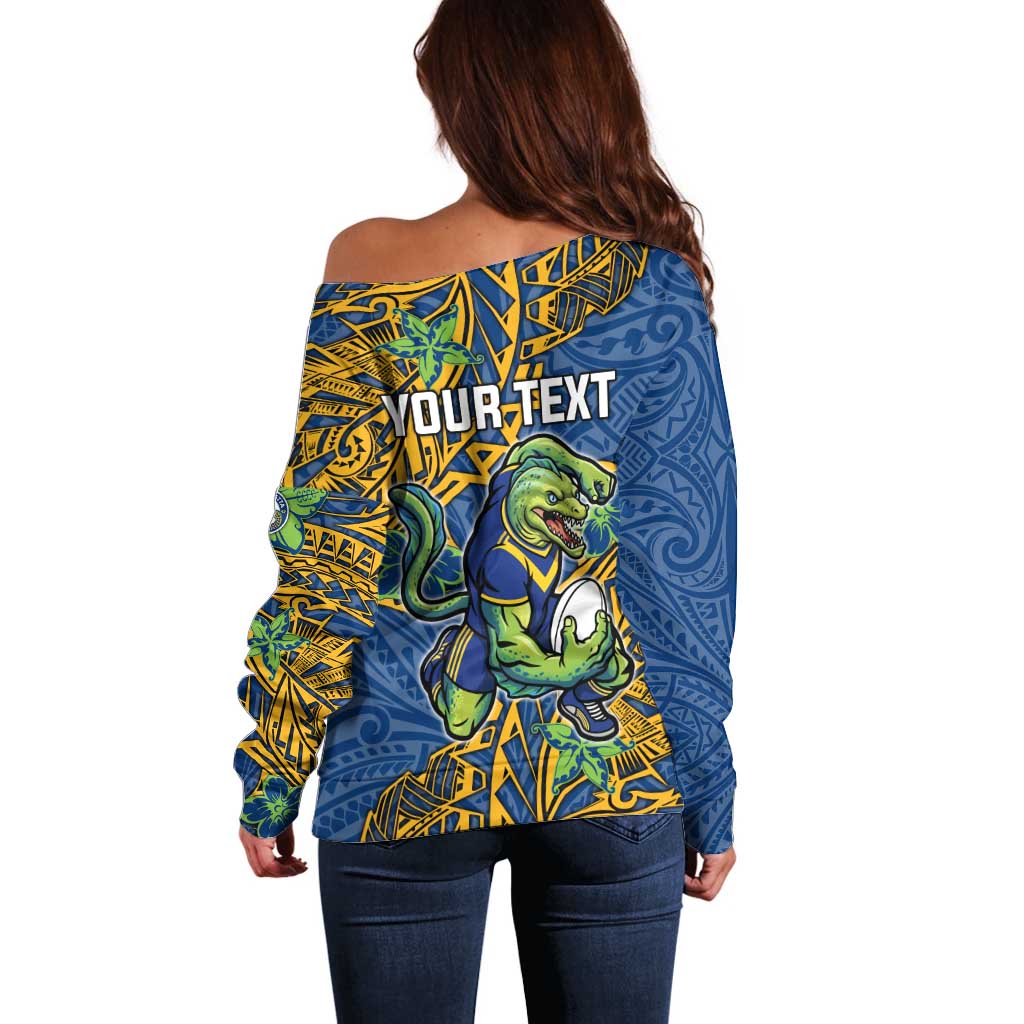 Personalised Parramatta Eels Off Shoulder Sweater Polynesian Tribal Pattern With Rugby Eel Mascot Art