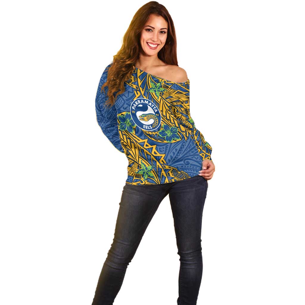 Personalised Parramatta Eels Off Shoulder Sweater Polynesian Tribal Pattern With Rugby Eel Mascot Art