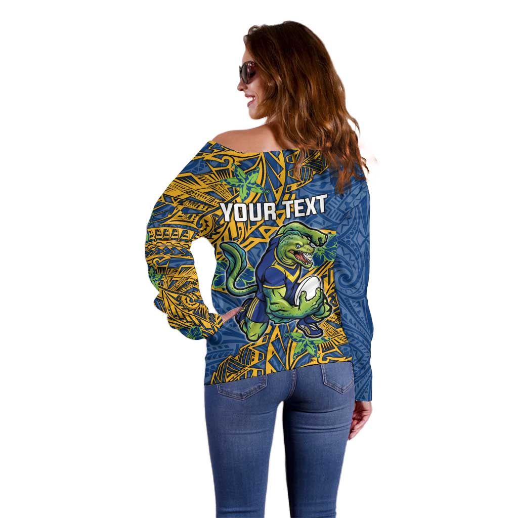 Personalised Parramatta Eels Off Shoulder Sweater Polynesian Tribal Pattern With Rugby Eel Mascot Art