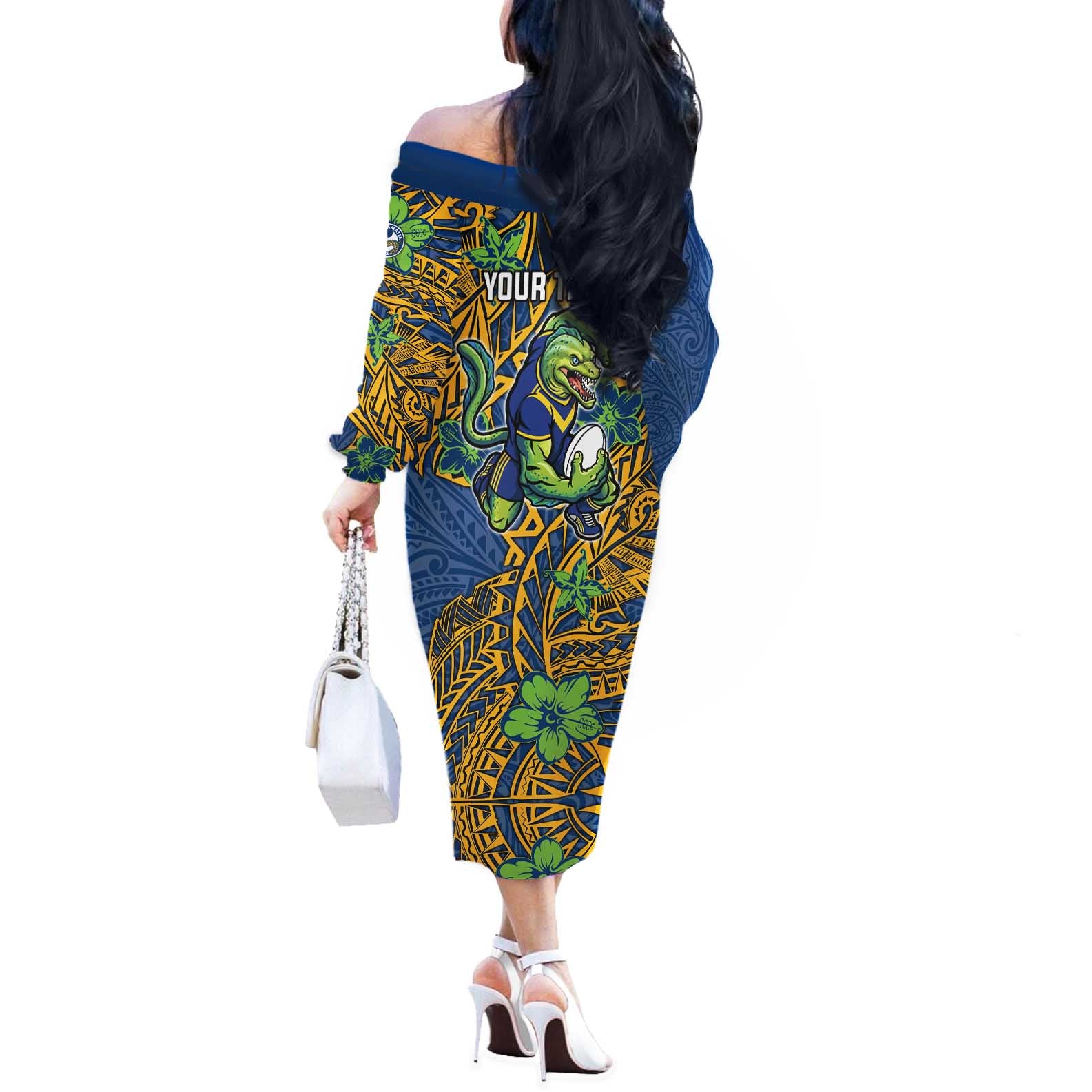 Personalised Parramatta Eels Off The Shoulder Long Sleeve Dress Polynesian Tribal Pattern With Rugby Eel Mascot Art