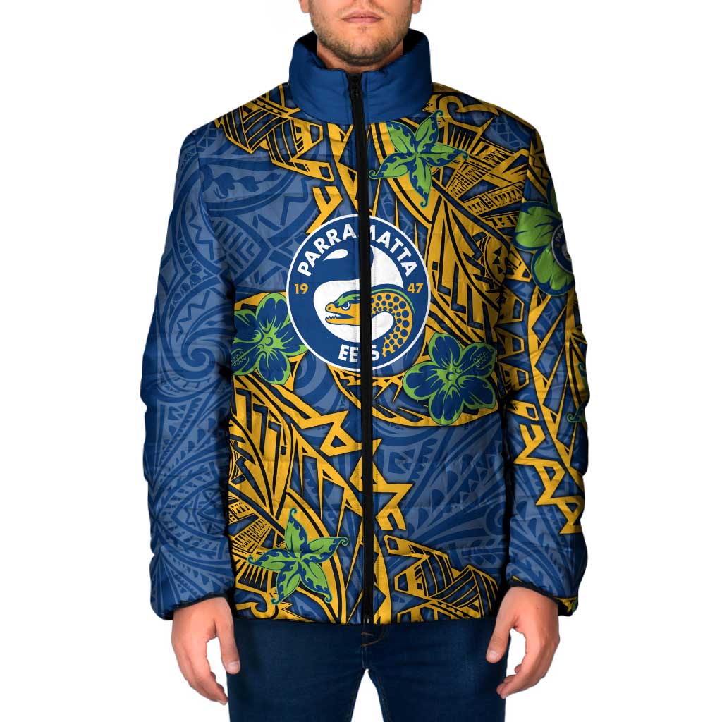 Personalised Parramatta Eels Padded Jacket Polynesian Tribal Pattern With Rugby Eel Mascot Art