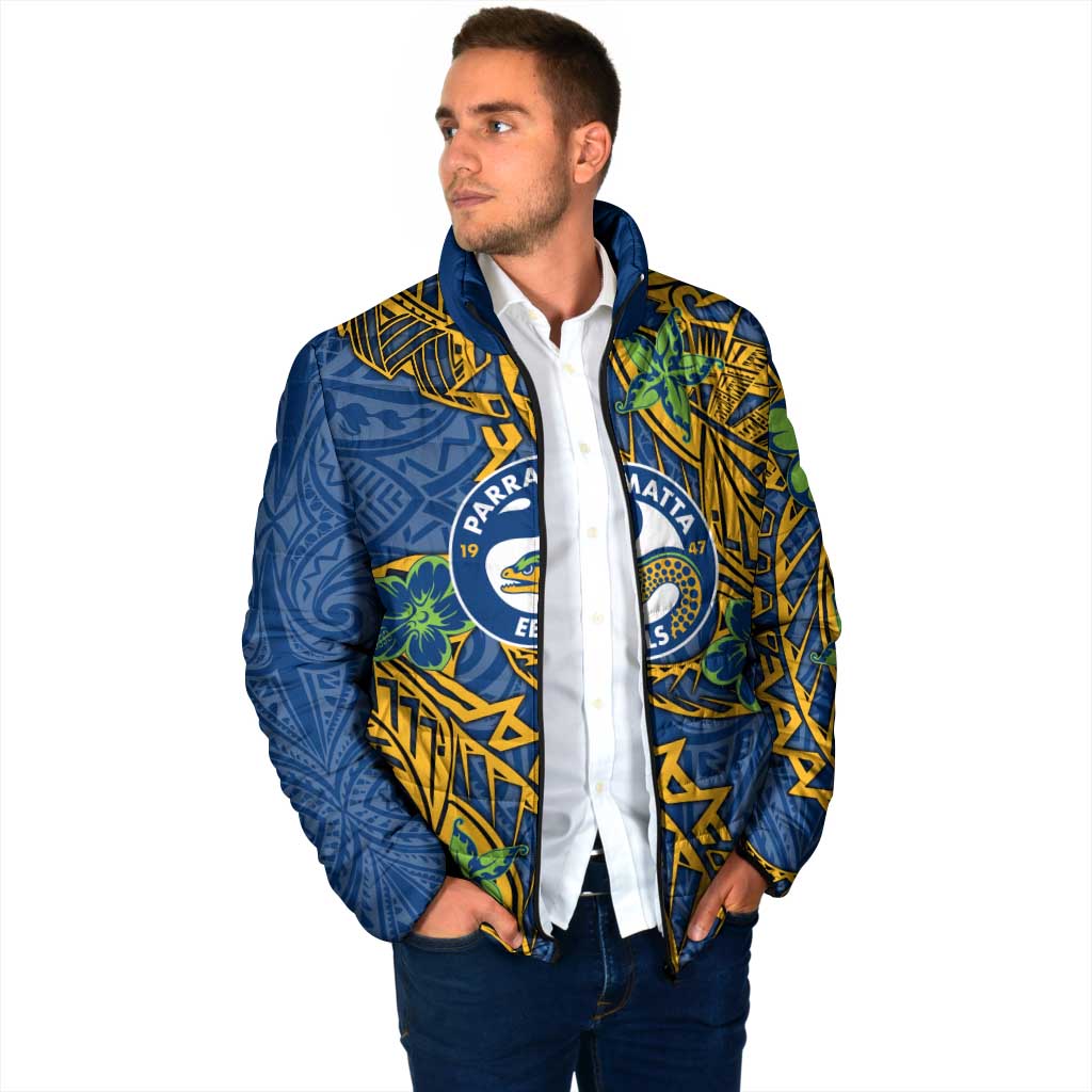 Personalised Parramatta Eels Padded Jacket Polynesian Tribal Pattern With Rugby Eel Mascot Art